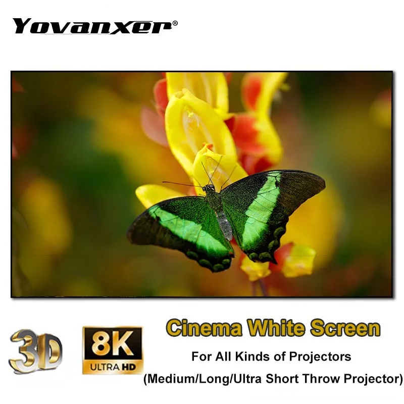 

Yovanxer Cinema White Projector Screen Fixed Frame 1cm Ultra Narrow Bezel Projection Screens For All Kinds of Projectors 4K HD