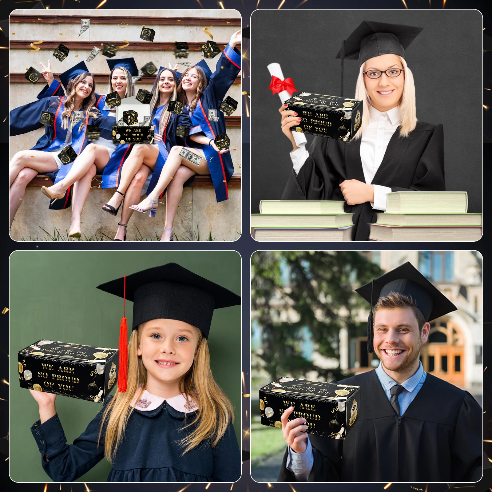 16Pcs Graduation Exploding Money Gift Box Black Glod Congrats Bouncing Surprise Cash Pop-Up Box Grad Cash Gift Idea for Congrats
