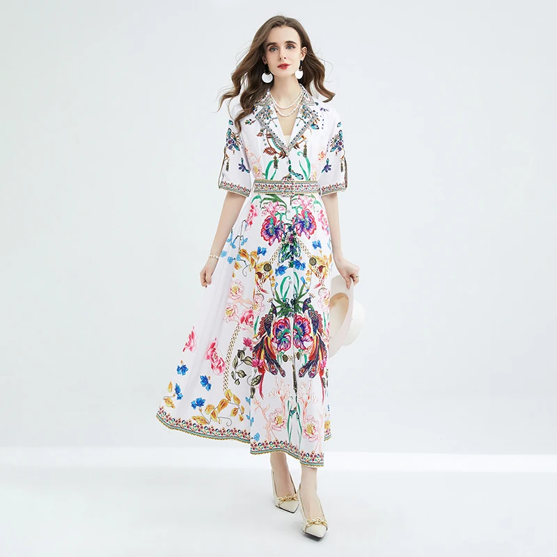 2023 Fashion Designer Runway Crystal Beading Summer Dress Women's Notched Collar Floral Print Single Breasted Long Vestidos