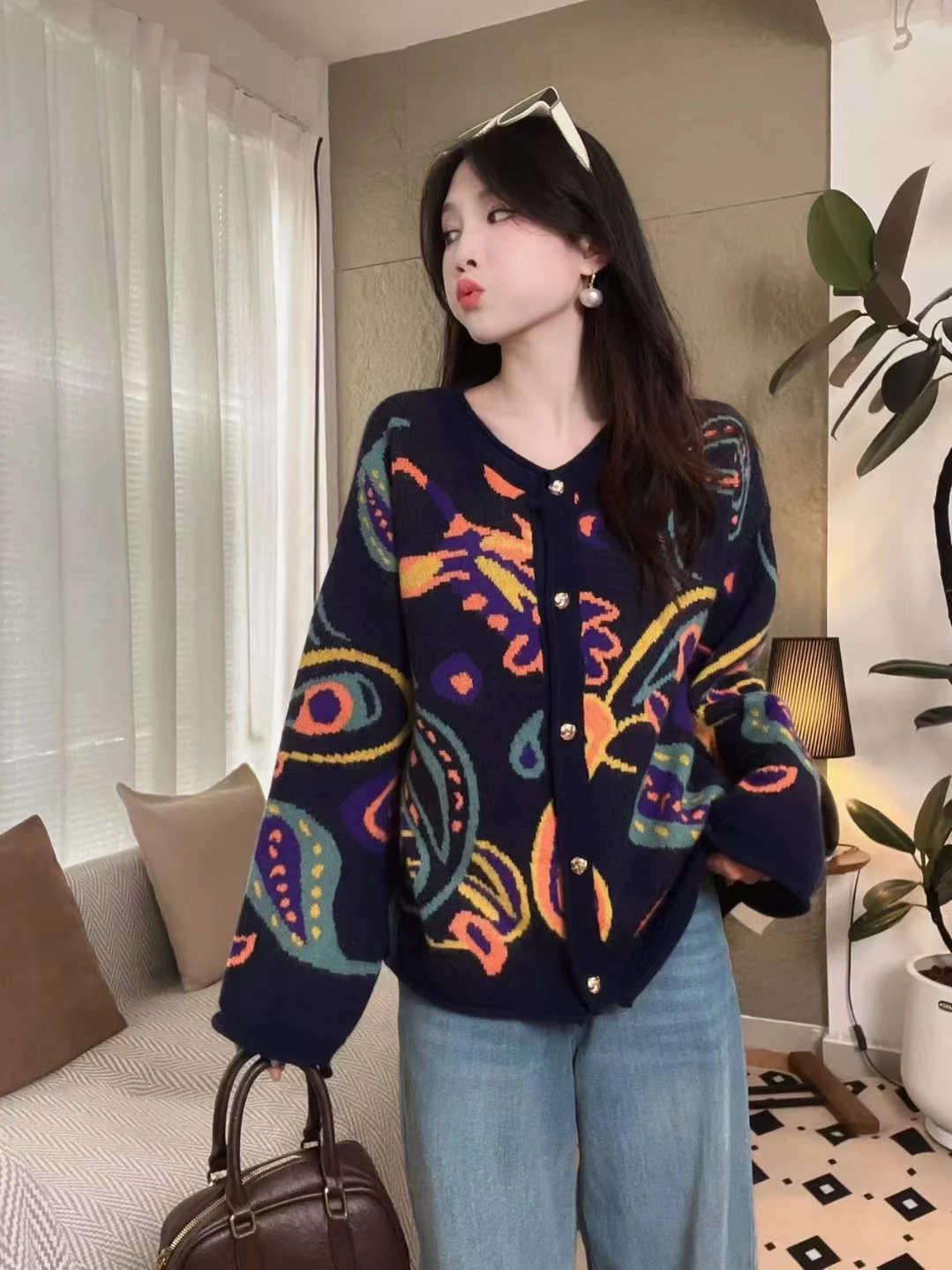 Maglieria retrò Inizio autunno Cardigan allentato inizio autunno Coreano Sle Pianta Fiore Modello rotondo Ne Cappotto con bottoni per le donne