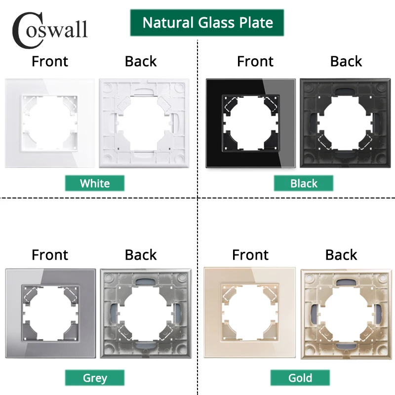 COSWALL HG Series White / Black / Grey / Gold Glass Panel EU Russia Spain Standard Wall Socket Schuko Grounded With Claws