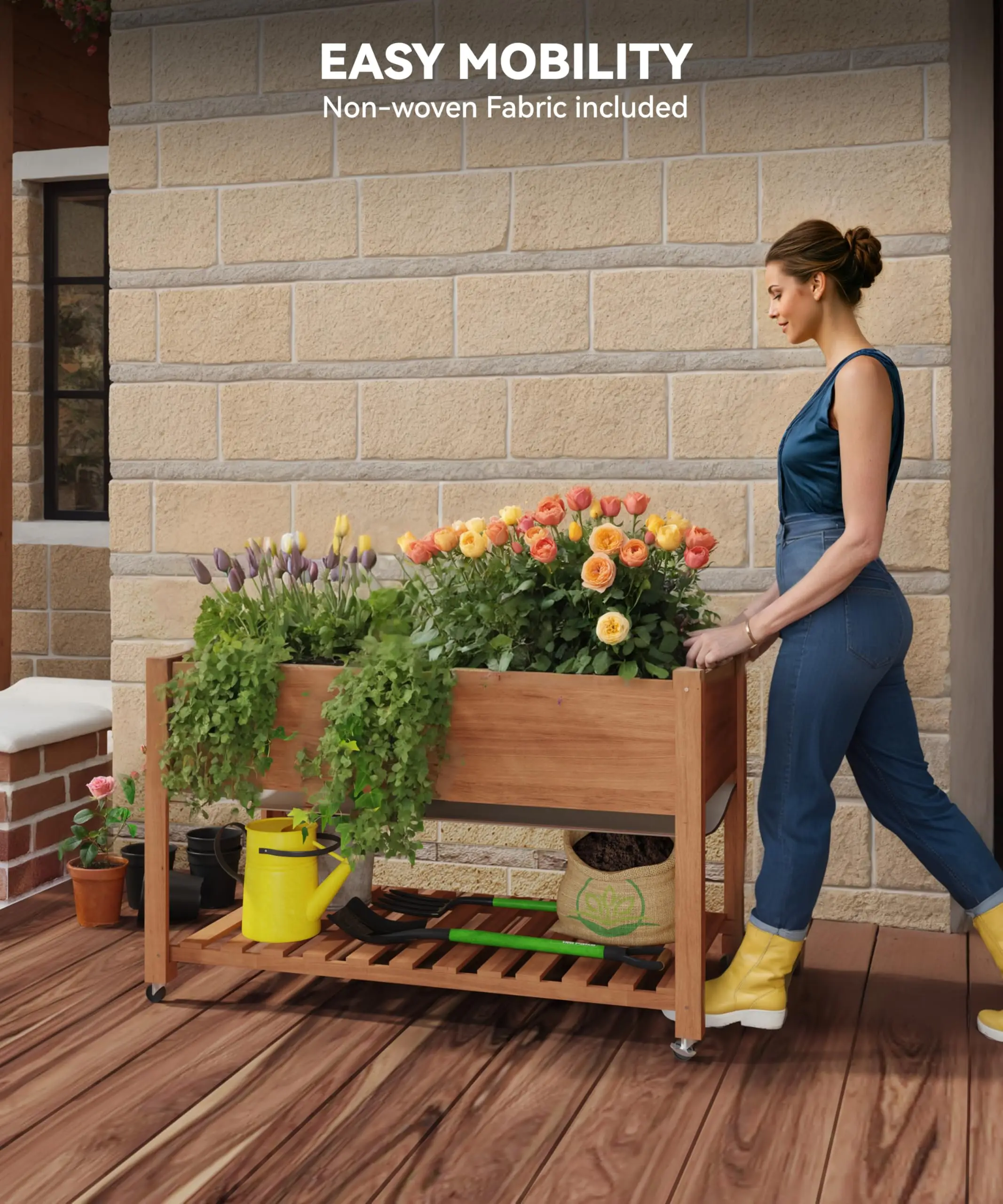 Bac à légumes surélevé 48x24x30 pouces avec roues, jardinière surélevée d'extérieur pour la culture de légumes et d'herbes, table de jardin surélevée en bois robuste avec pieds - Profondeur accrue, brun acorn