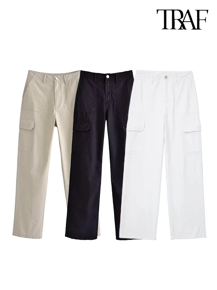 TRAF Pantaloni retrò a vita alta da donna con gamba dritta Moda multitasche Pantaloni da lavoro Street Beat Pantaloni casual da donna