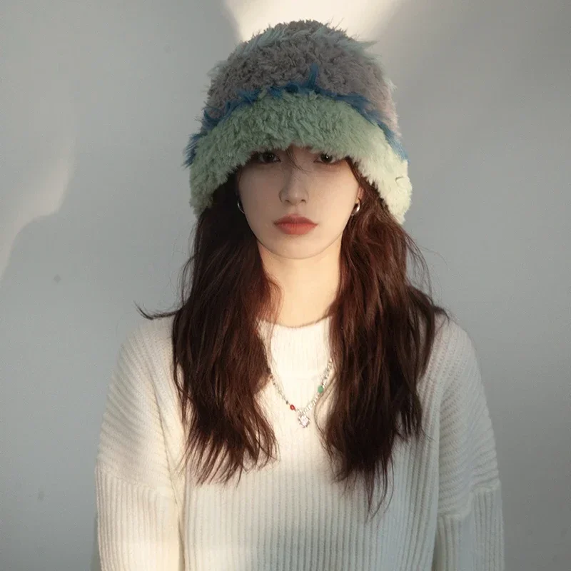 Plush fisherman hat for women in autumn and winter small face colorful woolen knitted hat big head circumference warm woolen hat