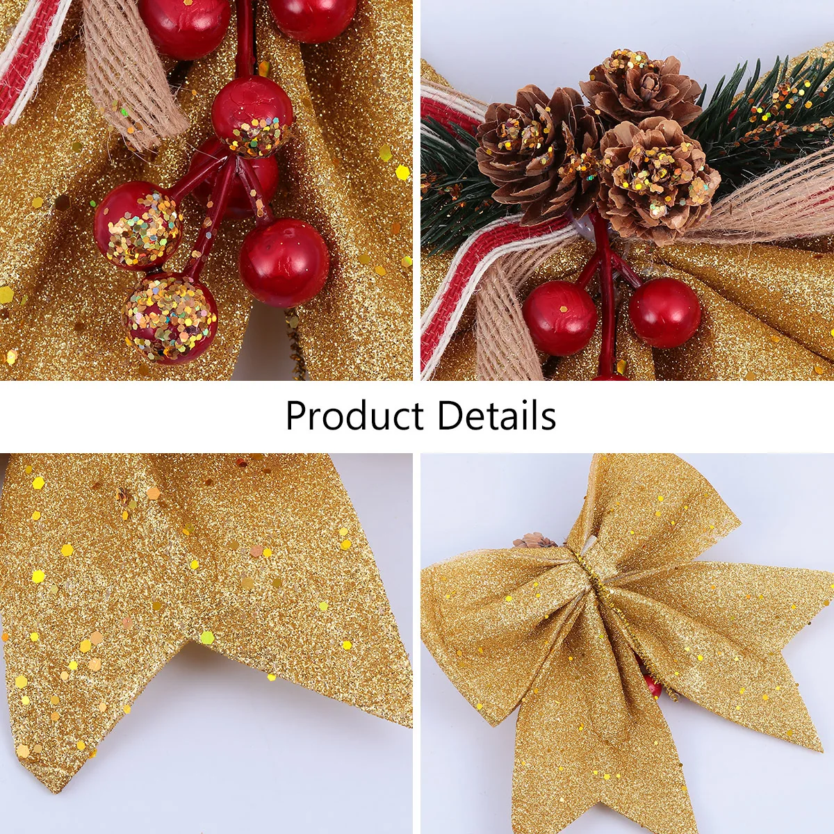 

4Pcs Christmas Tree Decoration Bow Set Glitter Pine Cone Stylish Christmas Ornament Party Home Office Room Decor