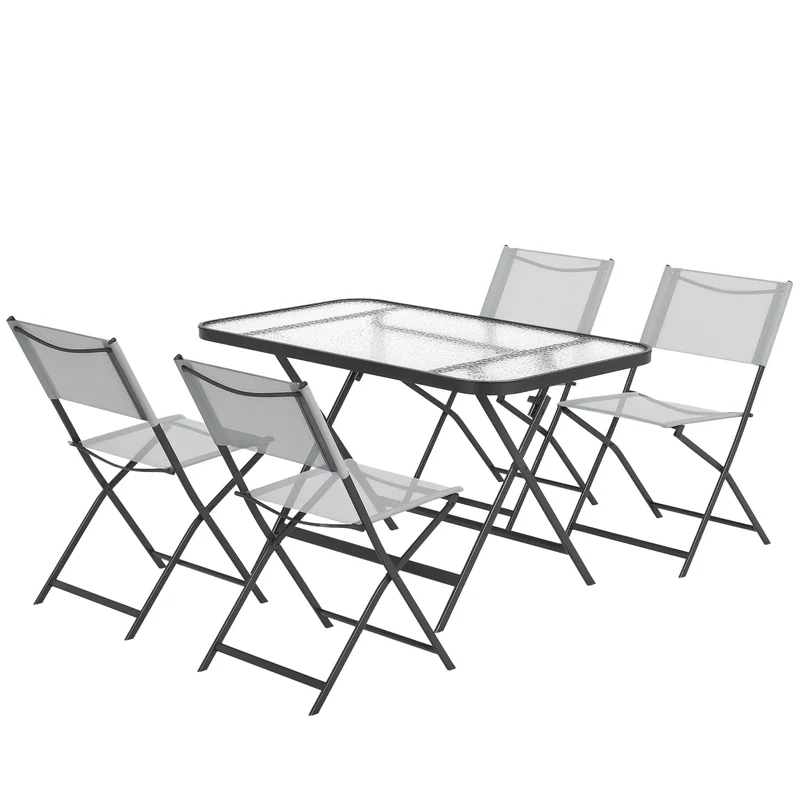 Ensemble de jardin 4 chaises + 1 table, salon de jardin 5 pièces, chaises pliables en textilène, plateau en verre trempé gris