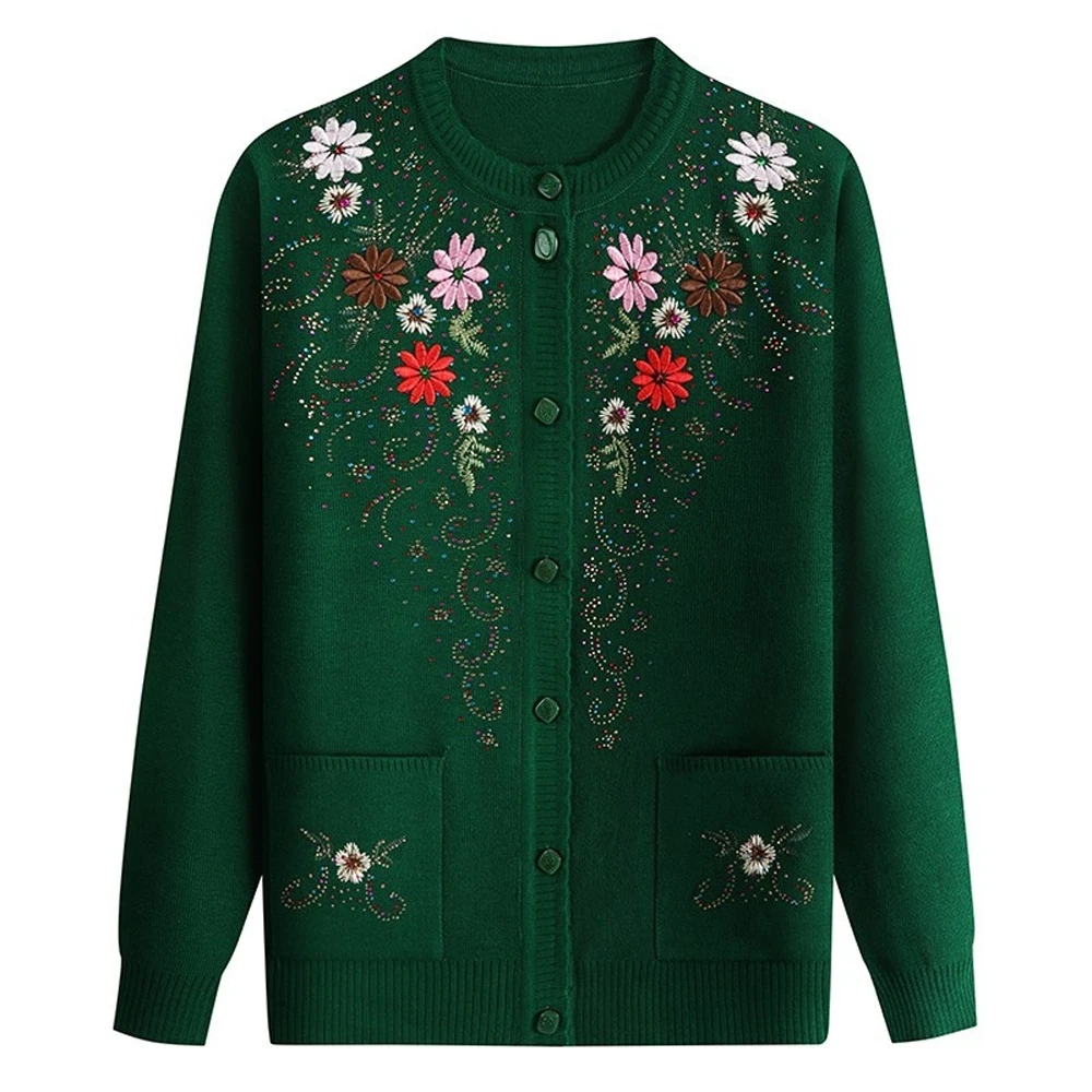 

Embroidered Knitwear Cardigan for Middle-Aged And Elderly Women Spring/Fall Fashionable Loose Jacket 60-70 Years Old Grandma's