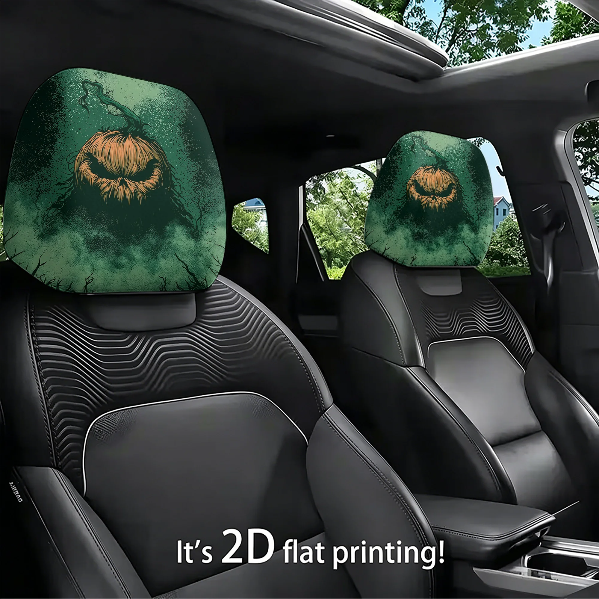 2pcs horror pumpkin-patterned car headrest covers to add a touch of eerie atmosphere to your car interior. Filling not included.
