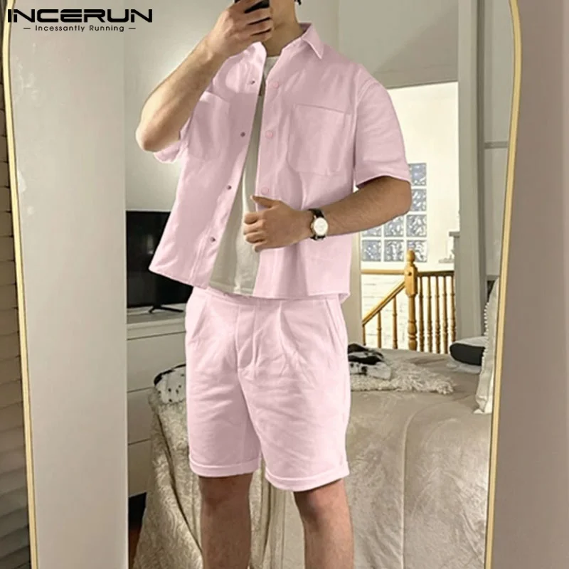 

Short Sleeve Shirts Shorts Casual INCERUN Men's Sets Solid Color Two-piece Suits 2pcs Streetwear Summer Party Loose Oversize