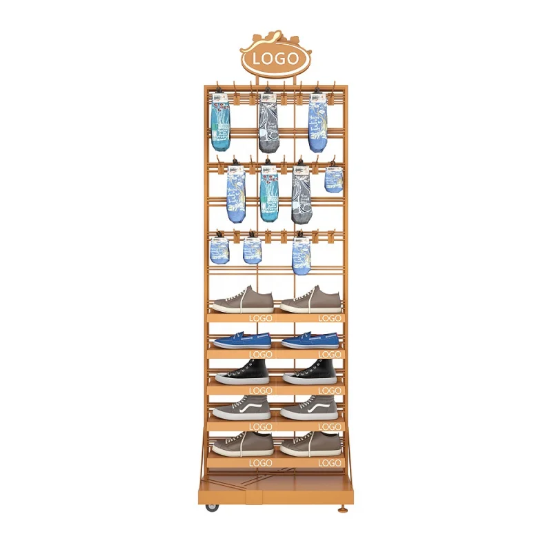 custom.Multi use retail socks footwear store logo metal mobile rotating shoe display rack stand for shop