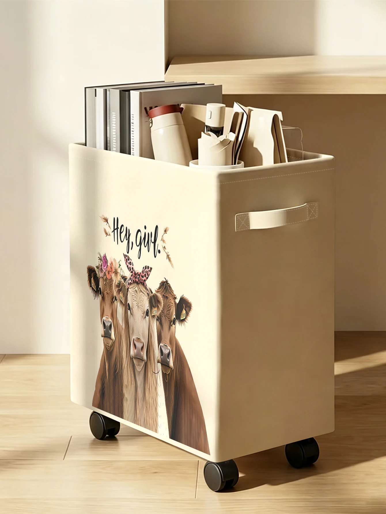 Cow Portrait Print Rolling Storage Bin, Foldable Fabric Organizer Box with Wheels for Home Bedroom Closet Storage