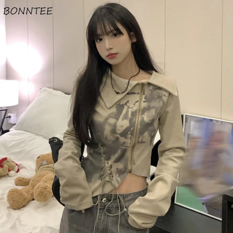 

Autumn Women Irregular Crop T-shirts American Retro Lace-up Personality Hot Girls Long Sleeve Tops Stylish Street Punk Zip Up