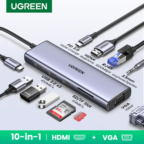 UGREEN USB HUB tipo C a 4K HDMI VGA RJ45 PD100W 3,5mm SD y TF USB3.0 divisor para MacBook Laptop Steam Deck USB-C estación de acoplamiento
