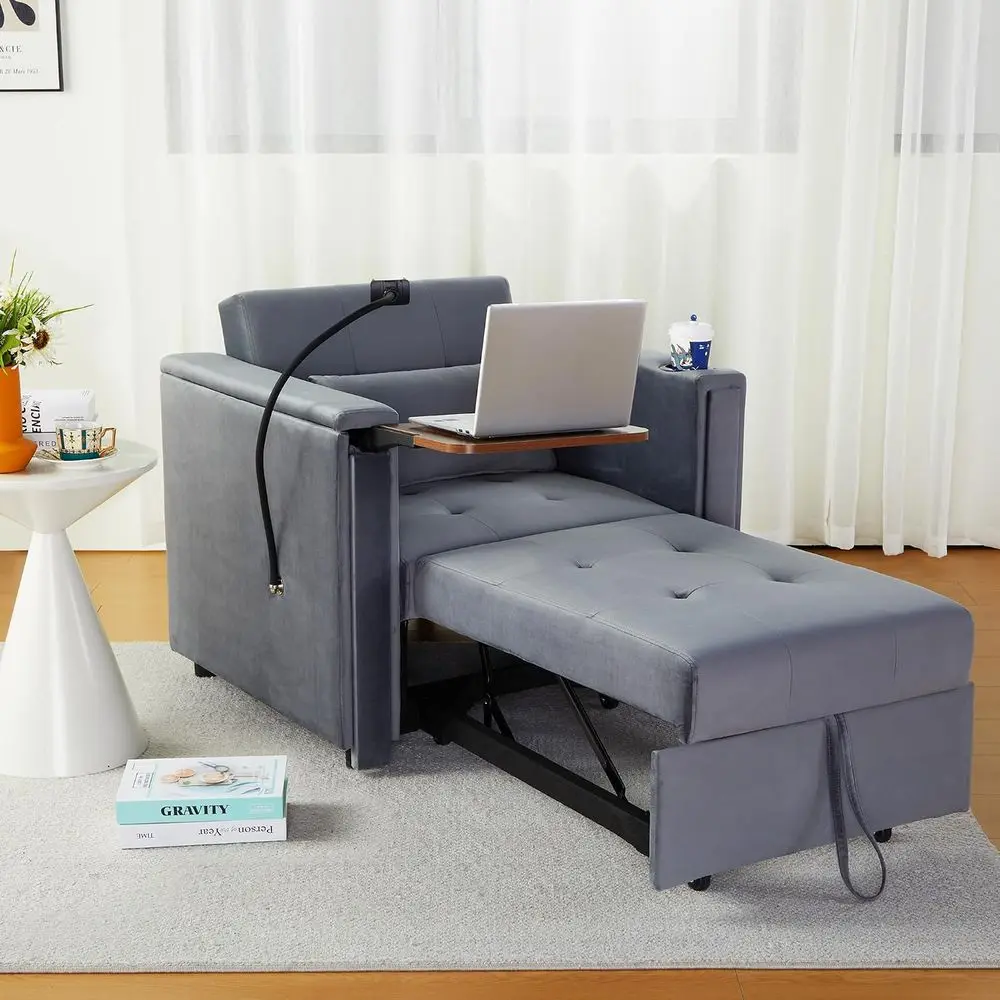 Velvet Convertible Chair Bed, 3 in 1 Multi-unctional Lounge Chair Sleeper, Pull Out Couch Gt Bed with Hidden Table and Adjustabl