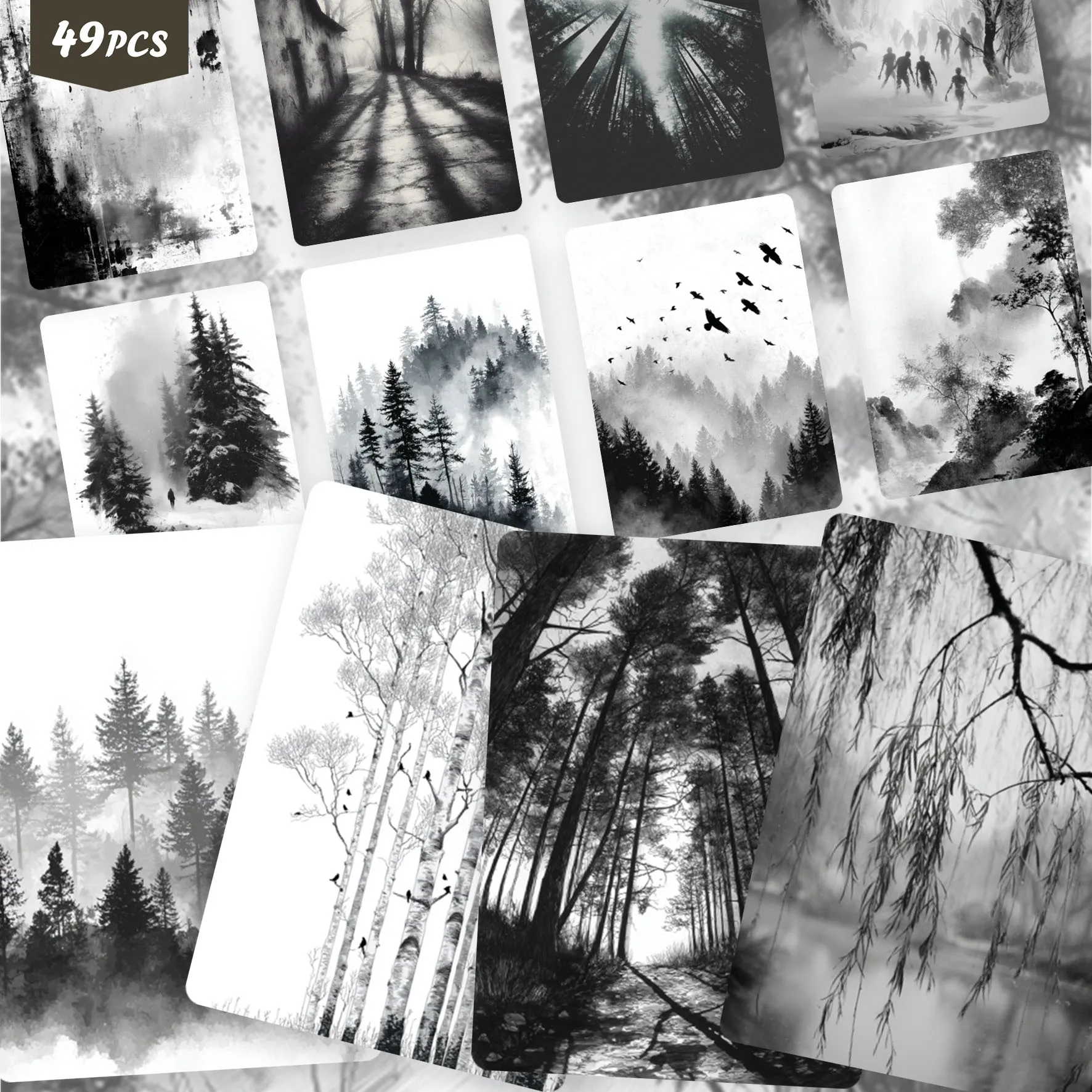49PCS Ink Wash Scenery Stickers for laptops, Misty Mountain Patterns, Ideal for Journaling & Handmade Card Making