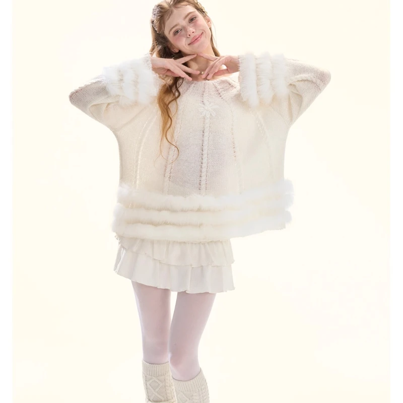 تصميم فرنسي ملابس نسائية 2025 خريف شتاء جديد أبيض حلو لطيف الراقية الفراء الربط فضفاض كابل متماسكة سترة السيدات #3