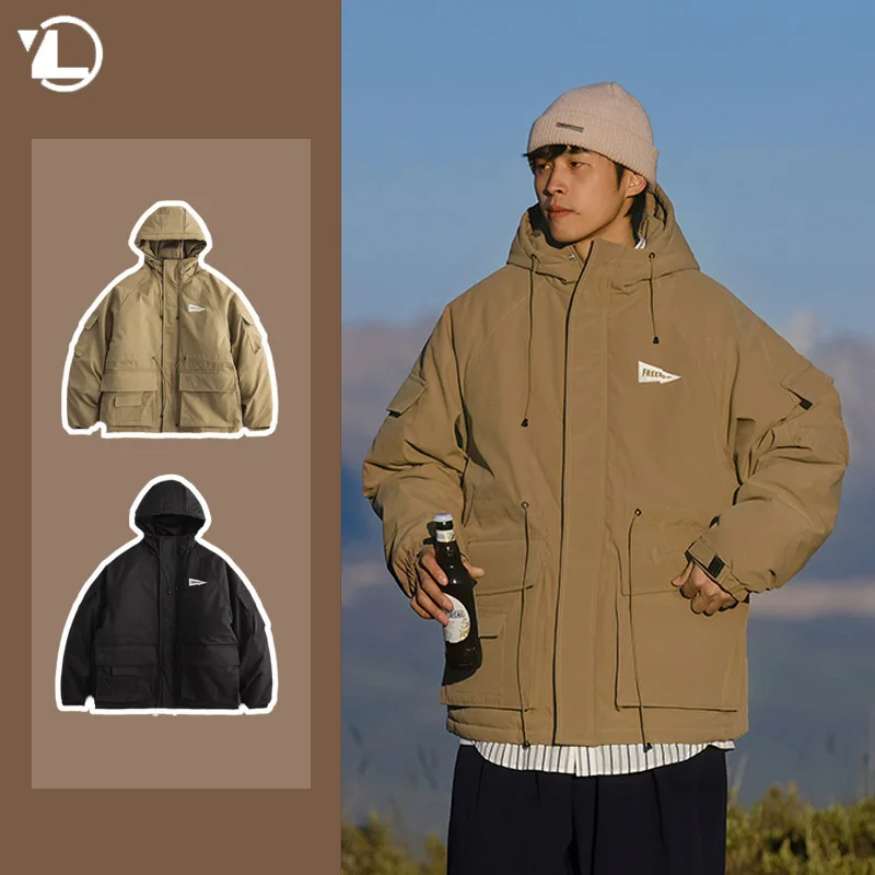 Outdoor Multi Pocket Thicken Man Jacket Winter Retro Warm Camping Cotton-padded Clothes Casual Print Loose Hooded Fashion Coat