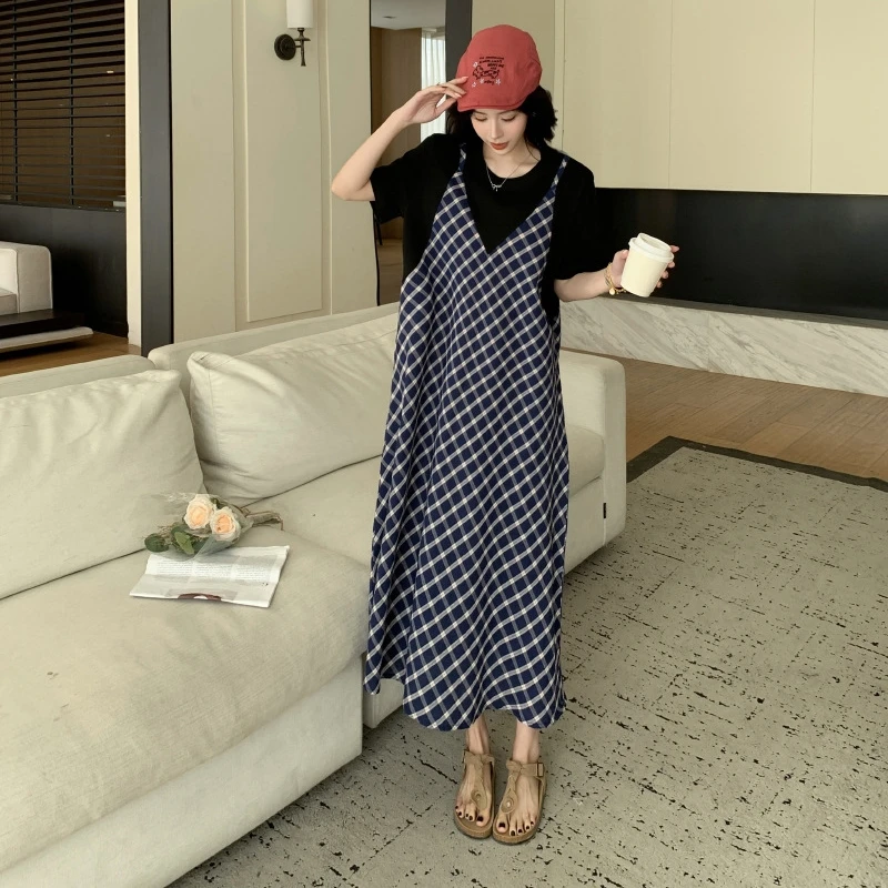 Vestidos de verano de talla grande para mujer, Vestidos falsos de dos piezas con retazos, estilo de vacaciones, camiseta con cuello redondo, ropa informal femenina