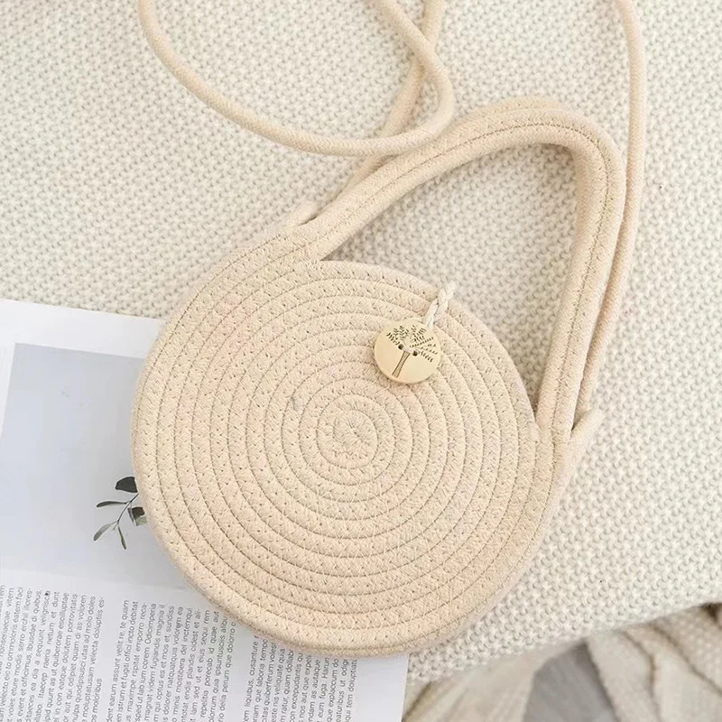 Solid Color Creative Straw Bag Women\'s Fresh and Stylish Cotton Rope Braided Bag Vacation Women\'s Shoulder Crossbady Handbag