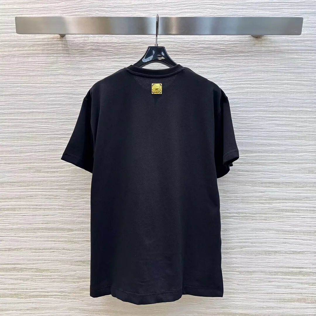 

2025 New Summer High Street Fashion Cotton T-shirt Women O-neck Short Sleeve Back Gold Button Loose Cute Tops