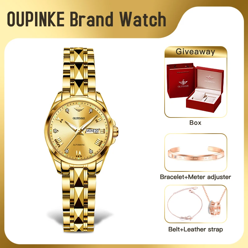 

OUPINKE 3171 Women Watch Top Original Luxury Brand Automatic Mechanical Watch Waterproof Date week Watches For Women Freebie