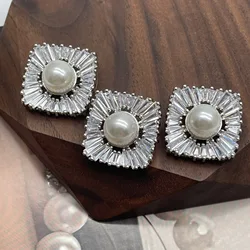 5pcs Luxury Square Pearl Set Rhinestone Zircon Button for Women's Coat Tweed Coat Sweater Decorative CZ Buttons for Clothing