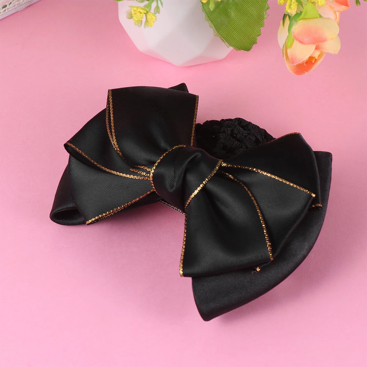 

2pcs Gold-edged Hair Accessories Red Snood Net Bow Girls Bun Holders Clips Bows Ring Hairnet Durable Stylish Professional