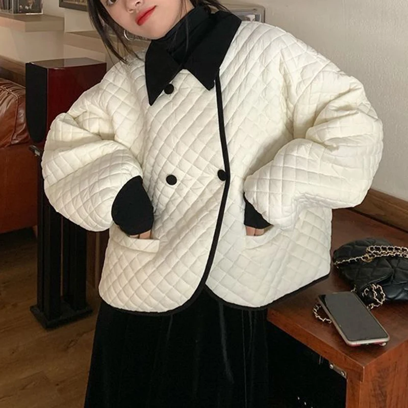 Korean color contrast lapel down jacket women's 2023 winter new  rhombus sweet white duck down jacket  Thick （Winter)