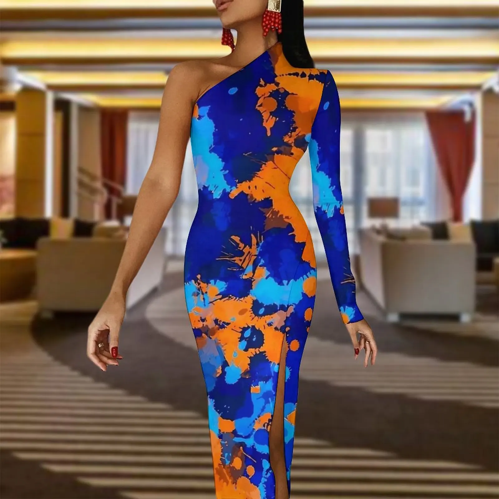 Blue And Orange Graffiti Maxi Dress One Shoulder Paint Splatter Aesthetic Bodycon Dresses Spring Elegant Dress Woman Vestidos