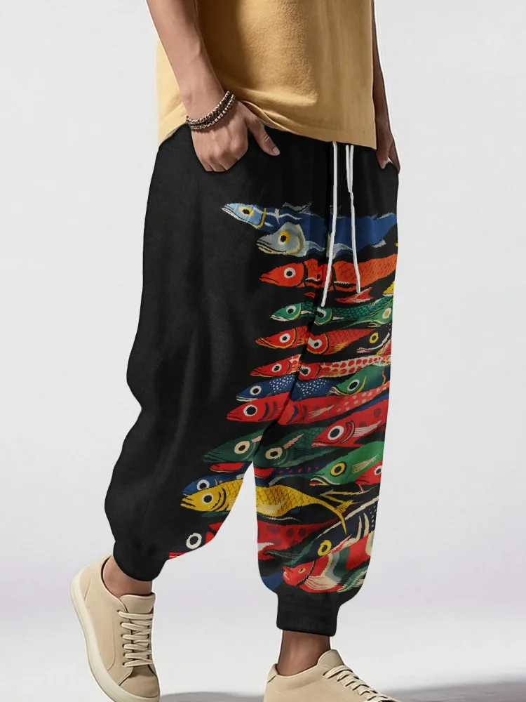 Men's Multicolor Fish Print Loose Drawstring Waist Sweatpants Casual Elastic Waisted Vintage Bottoms 2025 Chic Pocket Sport Pant