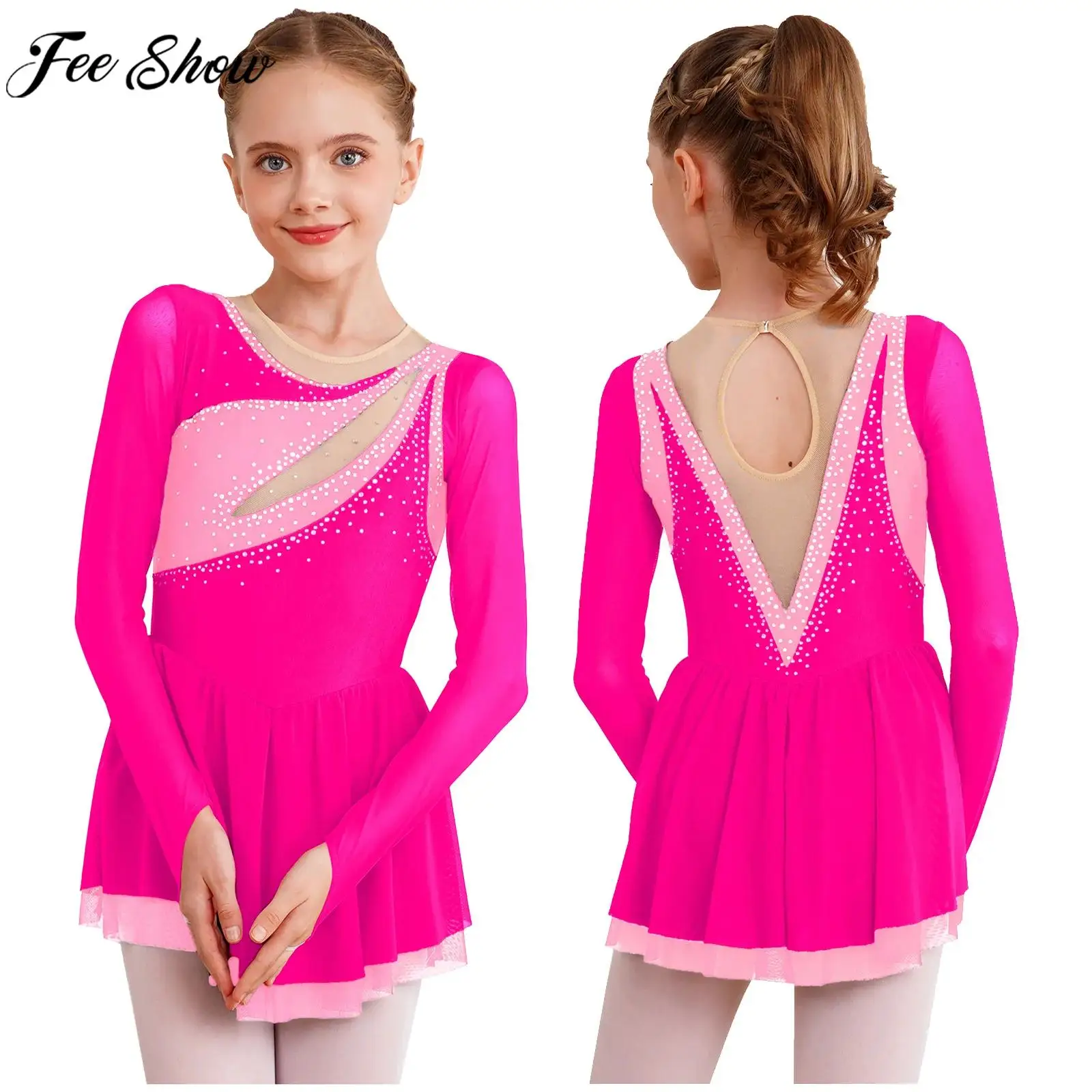 Children Girls Figure Skating Leotard Dress Ballet Lyrical Dance Rhythmic Gymnastics Costume Long Sleeve Rhinestone Mesh Dresses