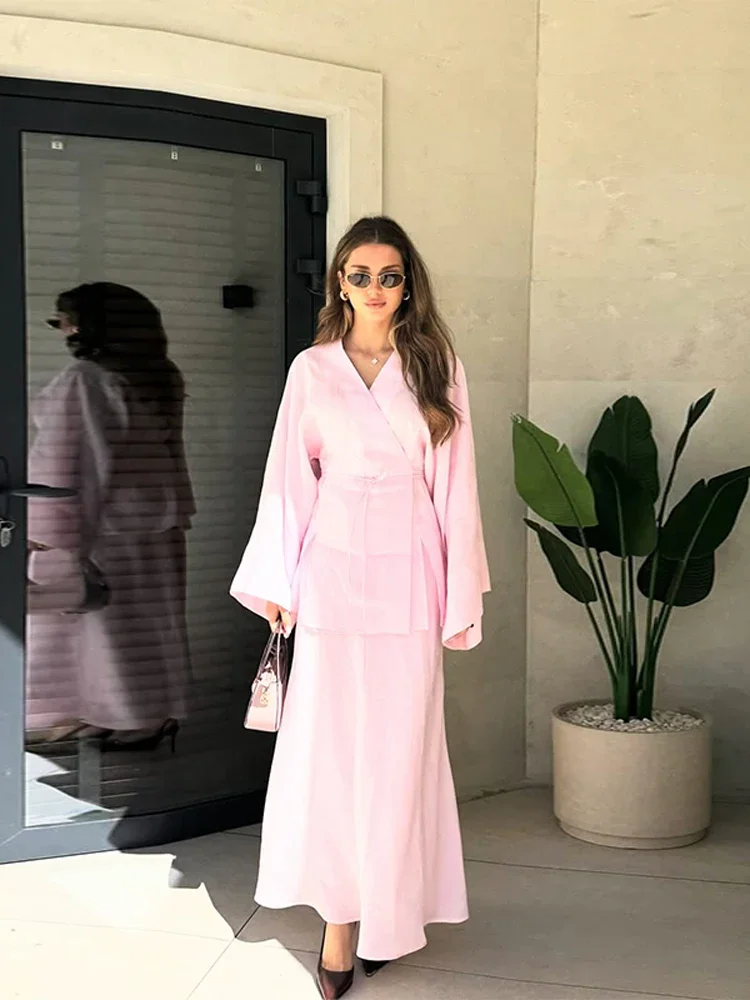 Frauen 2 stücke Set Casual Langarm V-ausschnitt Shirts Langen Rock Anzug Damen Solide Spitze Up Hemd EINE Linie rock Anzug 2025 Neue Outfits