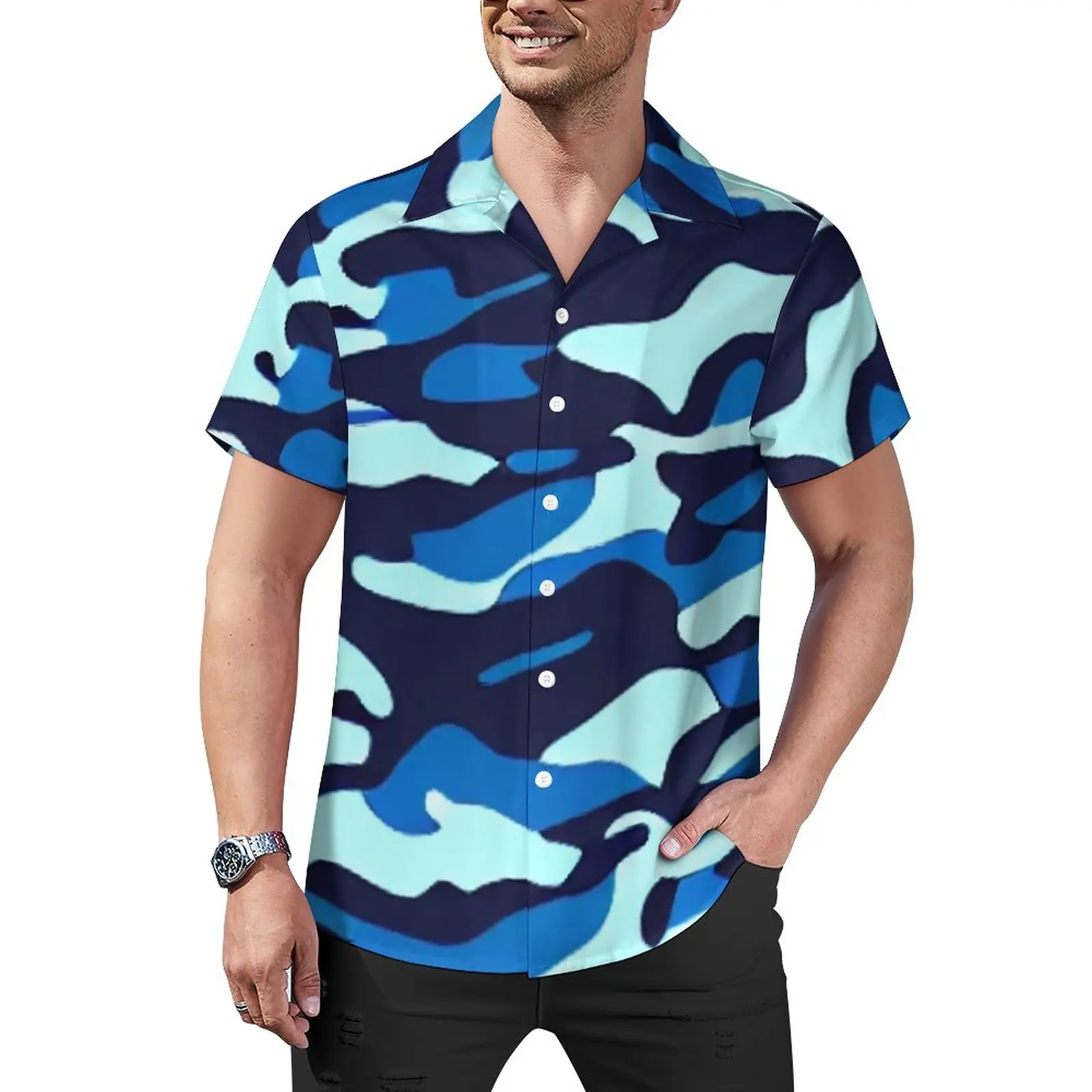 

Blue Camo Print Vacation Shirt Army Camouflage Hawaii Casual Shirts Men Cool Blouses Short Sleeve Printed Clothing Big Size