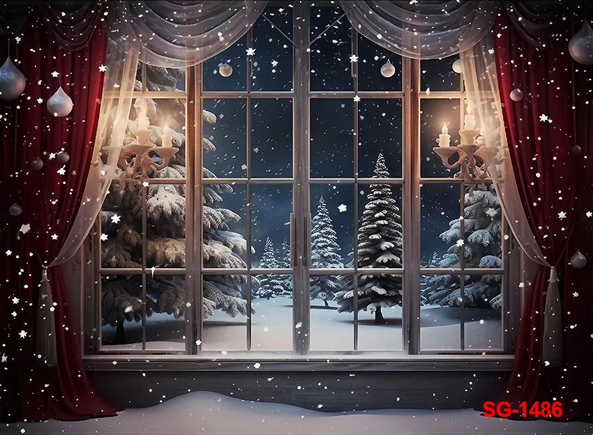 사진 배경 창 밤 크리스마스 소나무 장식, 가족 휴일 파티, 겨울 별 배경, 사진 스튜디오