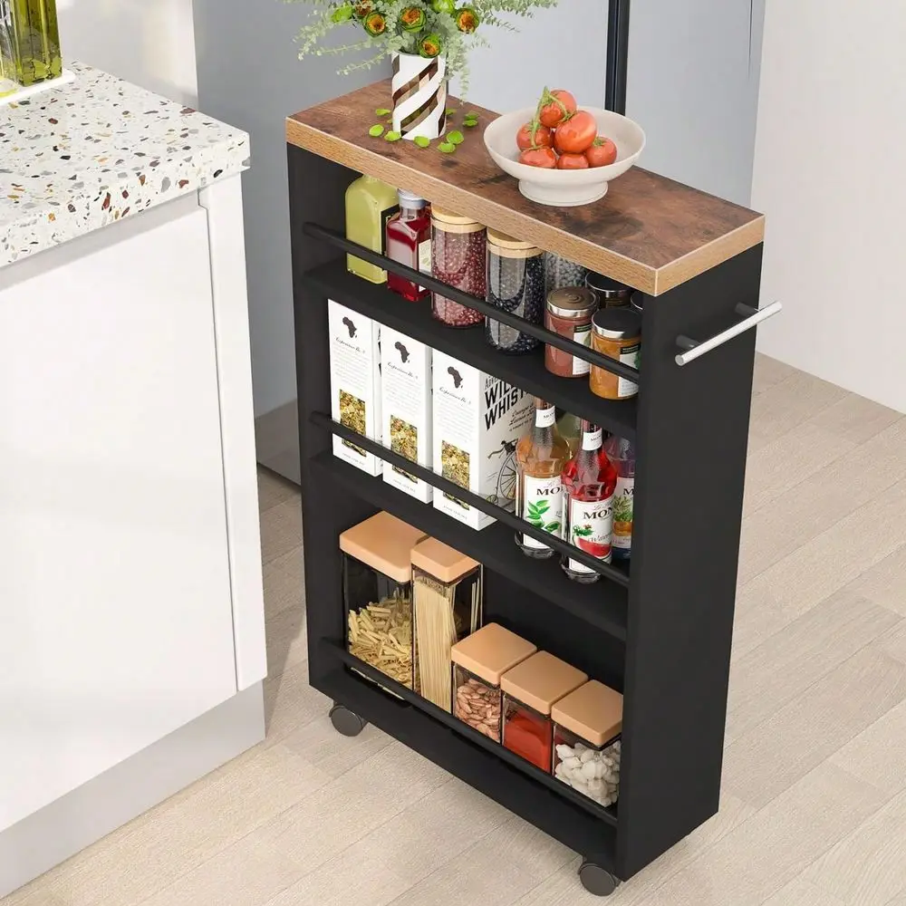 

Slim Storage Cart, Rolling Narrow Kitchen Cart On Wheels For Small Place, 4Tier Slide Out Slim Utility Cart Skinny Laundry Cart