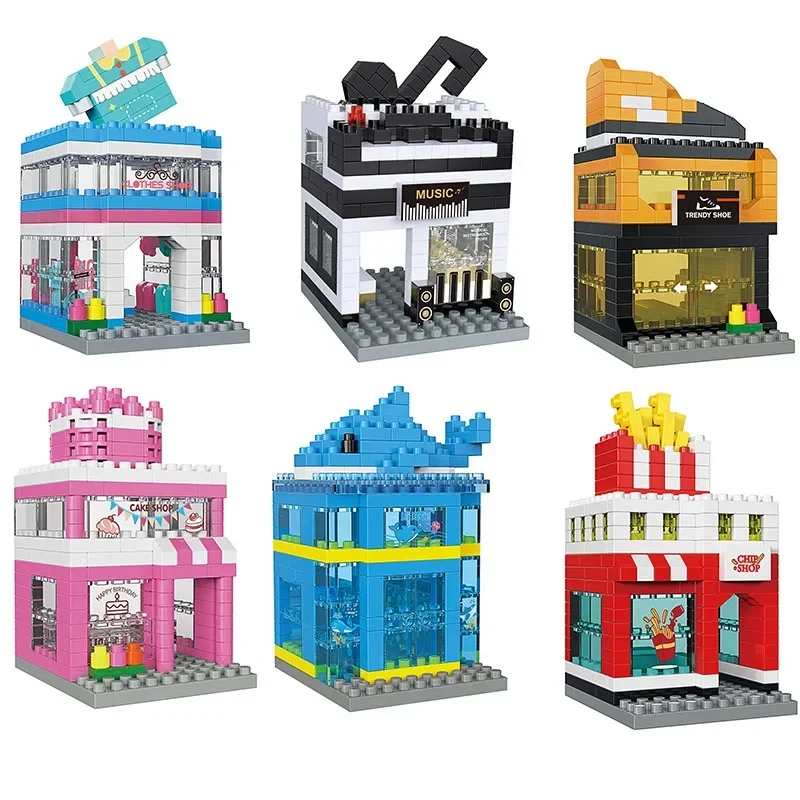 City Mini Architecture Street View Model Building Blocks Cake Shop Aquarium Store For Kids Shop Market Creative Assembly Toys