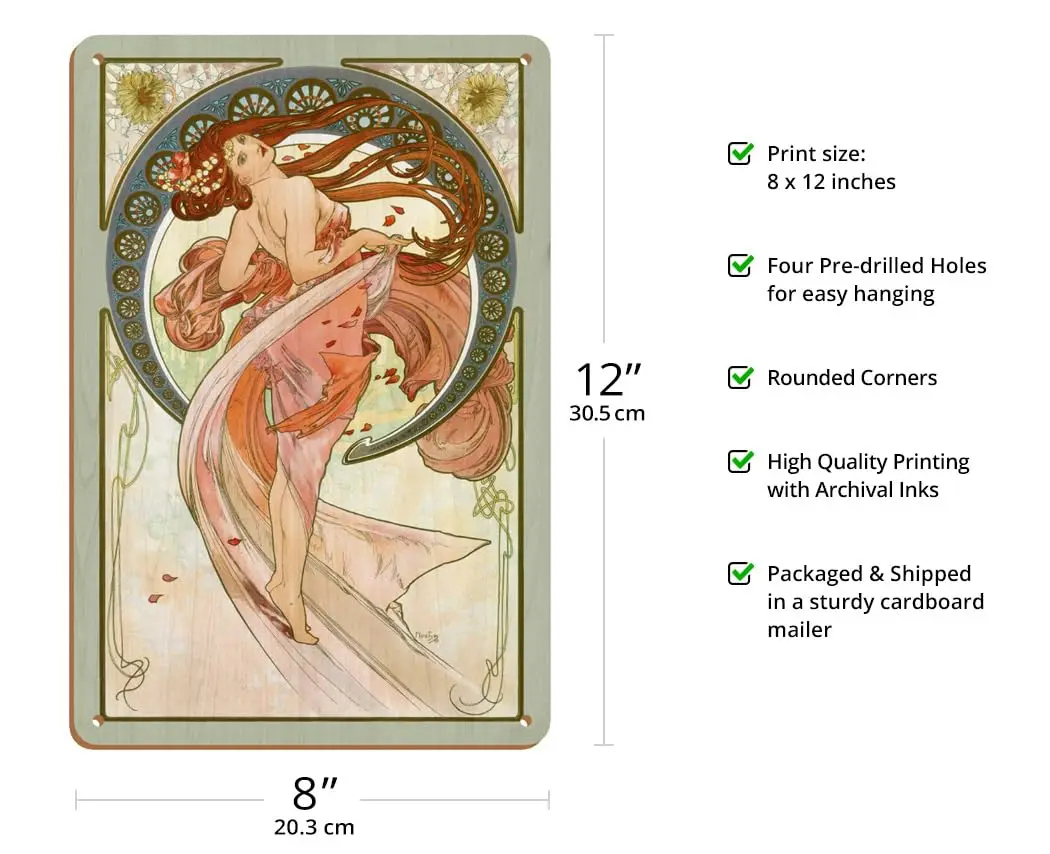 Dance - Art Nouveau Beauty - From an Original Color Illustration by Alphonse Mucha c.1890s - 8 x 12 inch Vintage Wood Art Sign