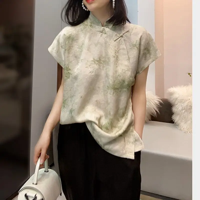 

Women's 2024 Spring and Summer New Fashion Retro Commuter Tie Dye Printed Stand Collar Short Sleeve Cheongsam Style Button Tops