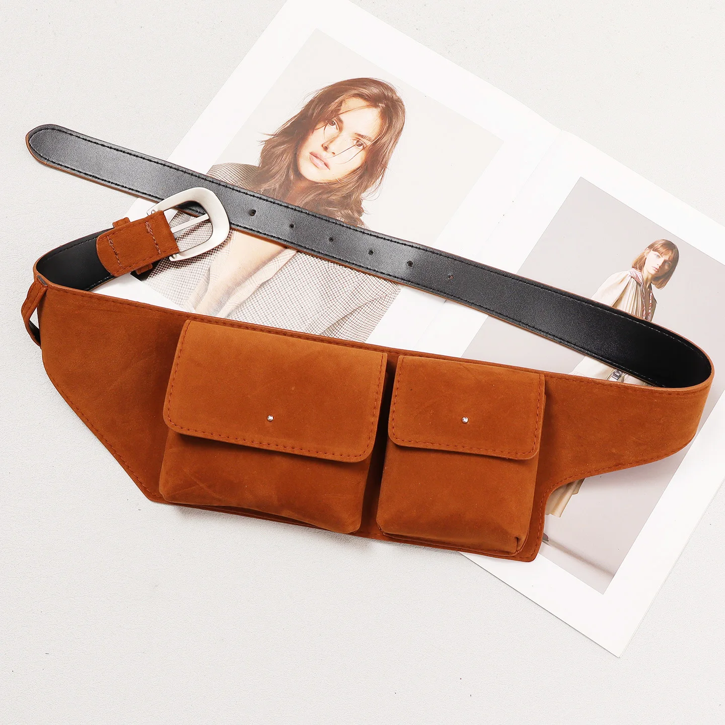 

Double Bag Waist Packs for Womenv Vintage Plain PU Suede Waist Bags Adjustable Wide Waist Belts with Purse Bag Flap Fanny Pack