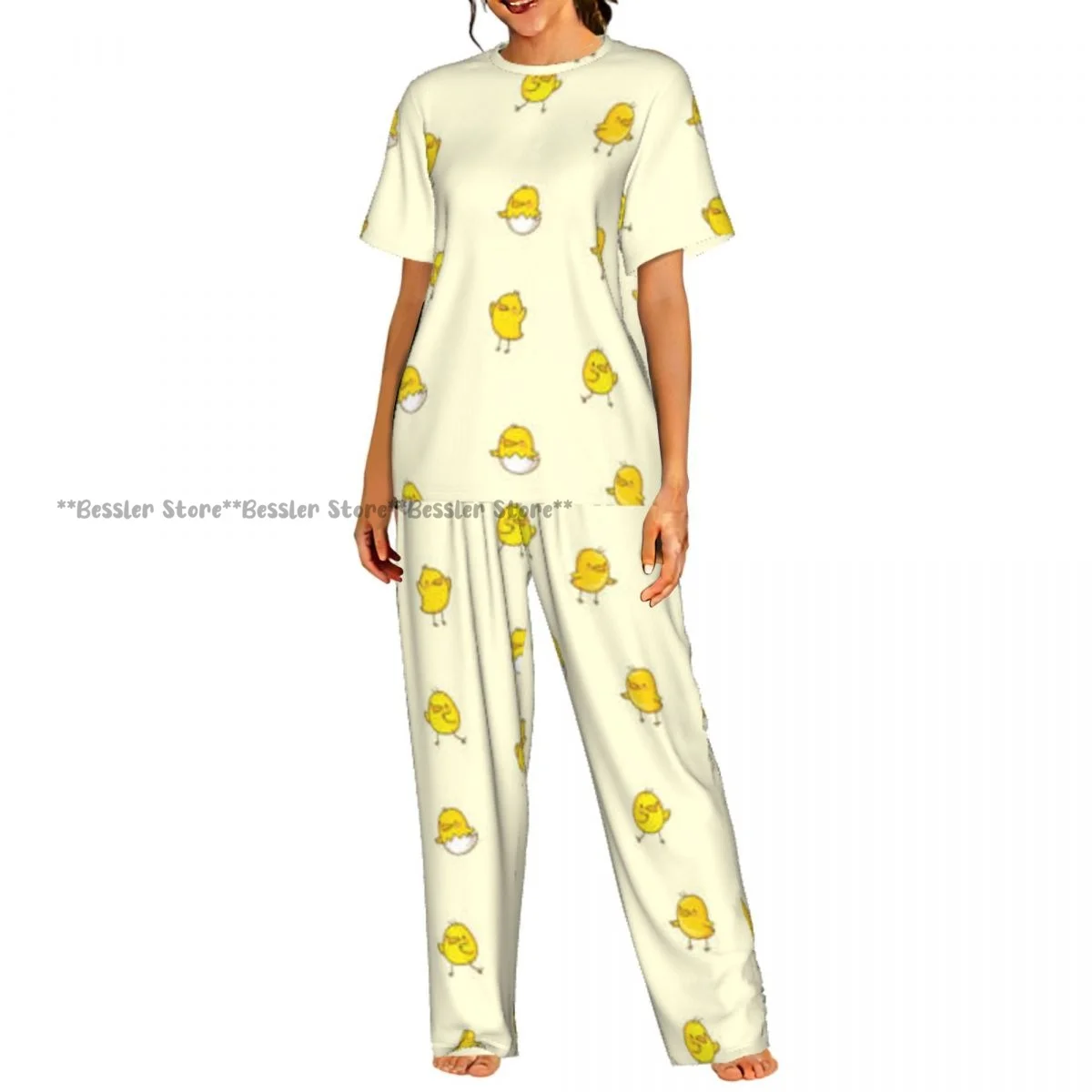 

Женский пижамный комплект с милым принтом курочки, короткий рукав, 2 предмета, домашняя одежда, одежда для отдыха