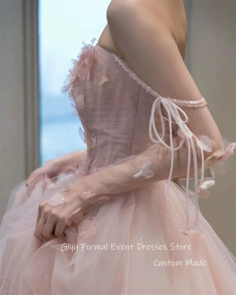 Giyu Elegant Blush Pink Tulle Wedding Dresses Korea Photoshoot 3D Flowers Spaghetti Straps Garden Shiny Evening Gowns Customized