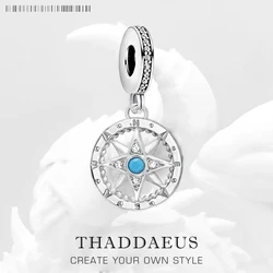 Real 925 Sterling Silver Bead Compass Vintage Pendant Charm For Women Men DIY Jewelry