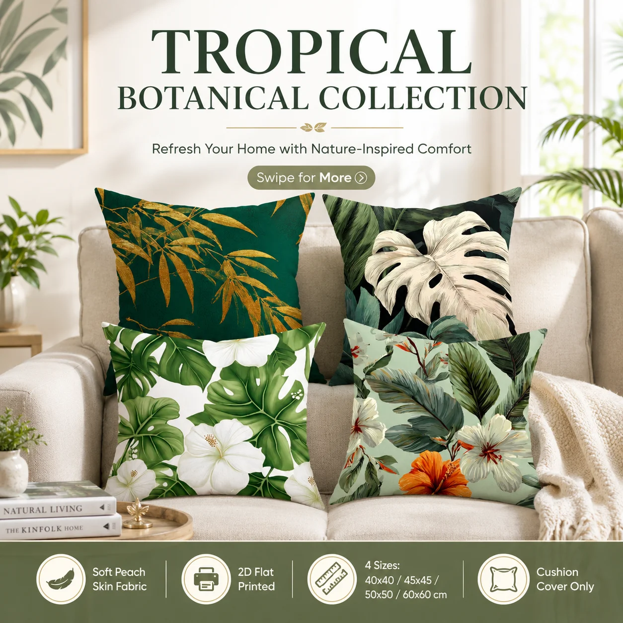 

Tropical Botanical Monstera Pillow Cover 2D Flat Printed Peach Skin Pillowcase Greenery Leaf Cushion Cover for Living Room Sofa