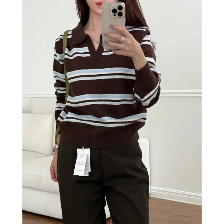 Emagrecimento longo sve ne listrado malhas simples faculdade sle camisola feminina chique outono inverno versátil faion topo