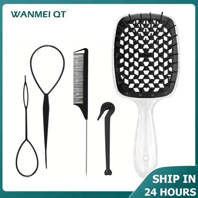 5-teiliges Haar-Styling-Set mit breiten Zähnen, Haarkamm, Kopfhaut-Massagebürste, französisches Zopfwerkzeug, Rattenschwanzkamm, Haar-Gummibänder-Entferner