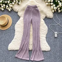 Casual Striped Knit High Waist Vintage Women Basics Chic Flare Pants Korean High Street Office Lady Slim Spring Autumn Clothing