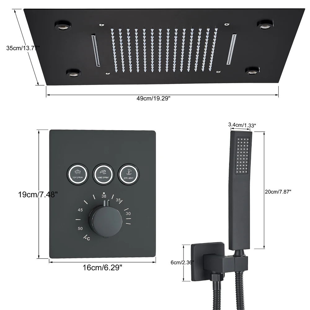 Juego de ducha de lluvia LED con Control remoto inteligente, techo empotrado de Oro pulido, juego de ducha negro, grifo oculto de ducha en cascada