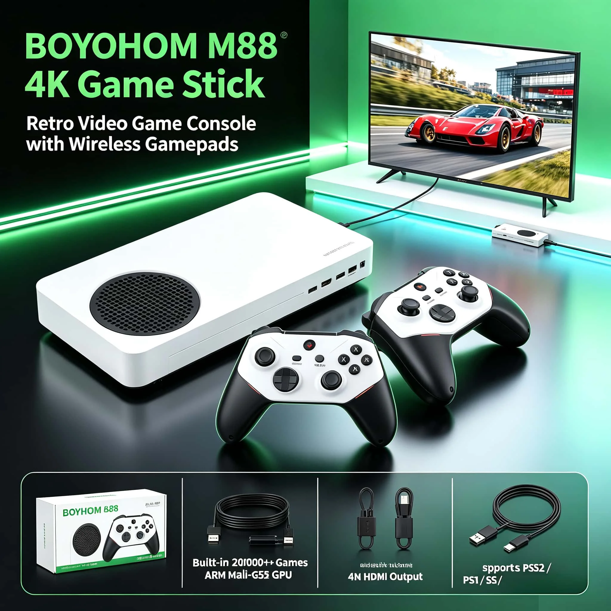 BOYHOM M88 4K HDMI Retro Game Stick Home Video Game Console Come with Wireless Gamepads Support PS2 PS1 SS DC N64 Built-in 20000