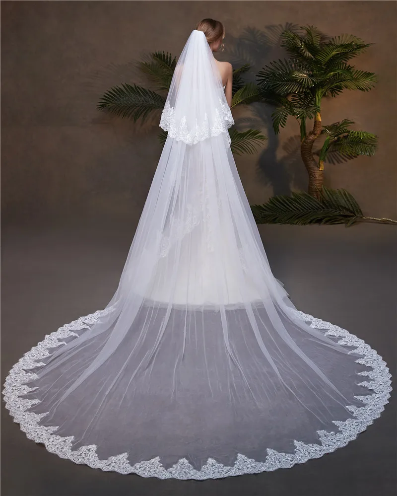 Velo de novia de encaje largo, cubierta de 2 capas, blanco marfil, catedral, boda, matrimonio, accesorios para el cabello nupcial, elegante, Vintage