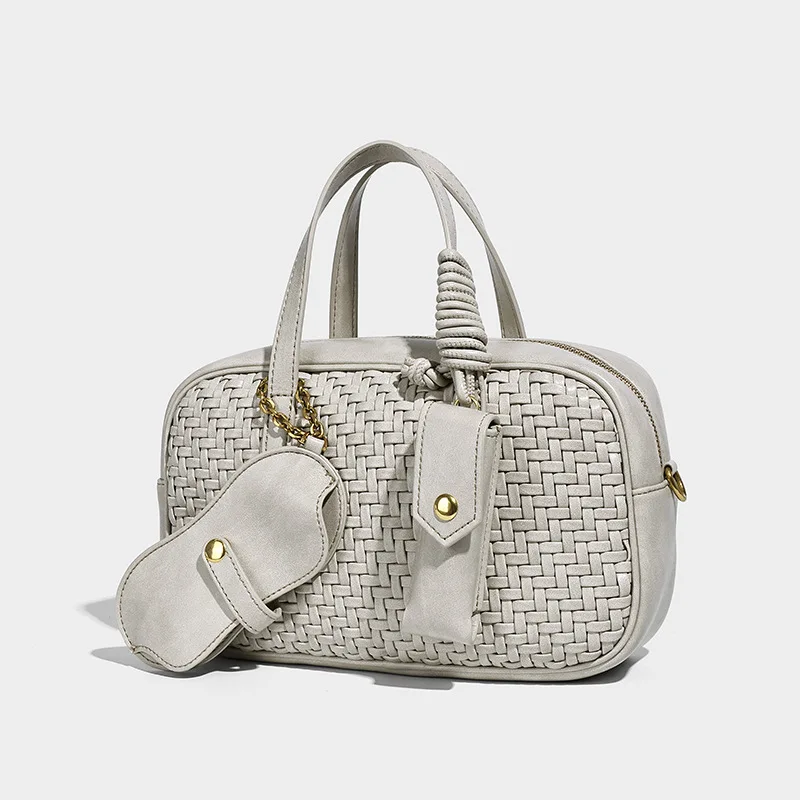 

Vintage Hand Woven Box Boston Bags For Women Luxury Designer Handbag And Purses New In PU Cross Weaving Top Handle Shoulder